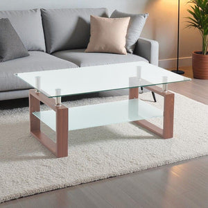 Tavolino da salotto Tally con doppio piano in vetro e gambe effetto legno noce