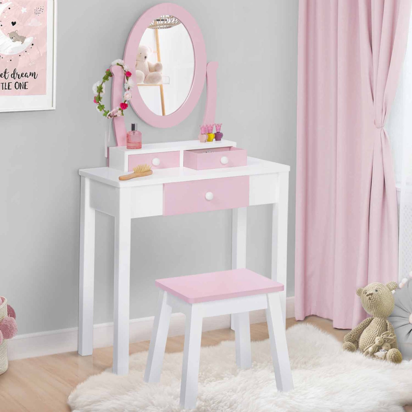 IDMarket - Tavolino da toilette per bambini BETTANY con specchio e sgabello