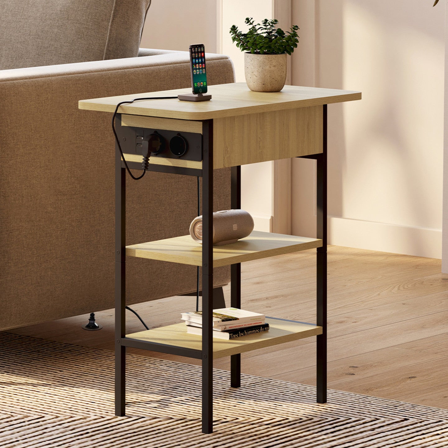 IDMarket - Tavolino DETROIT - comodino con ciabatta - design industriale