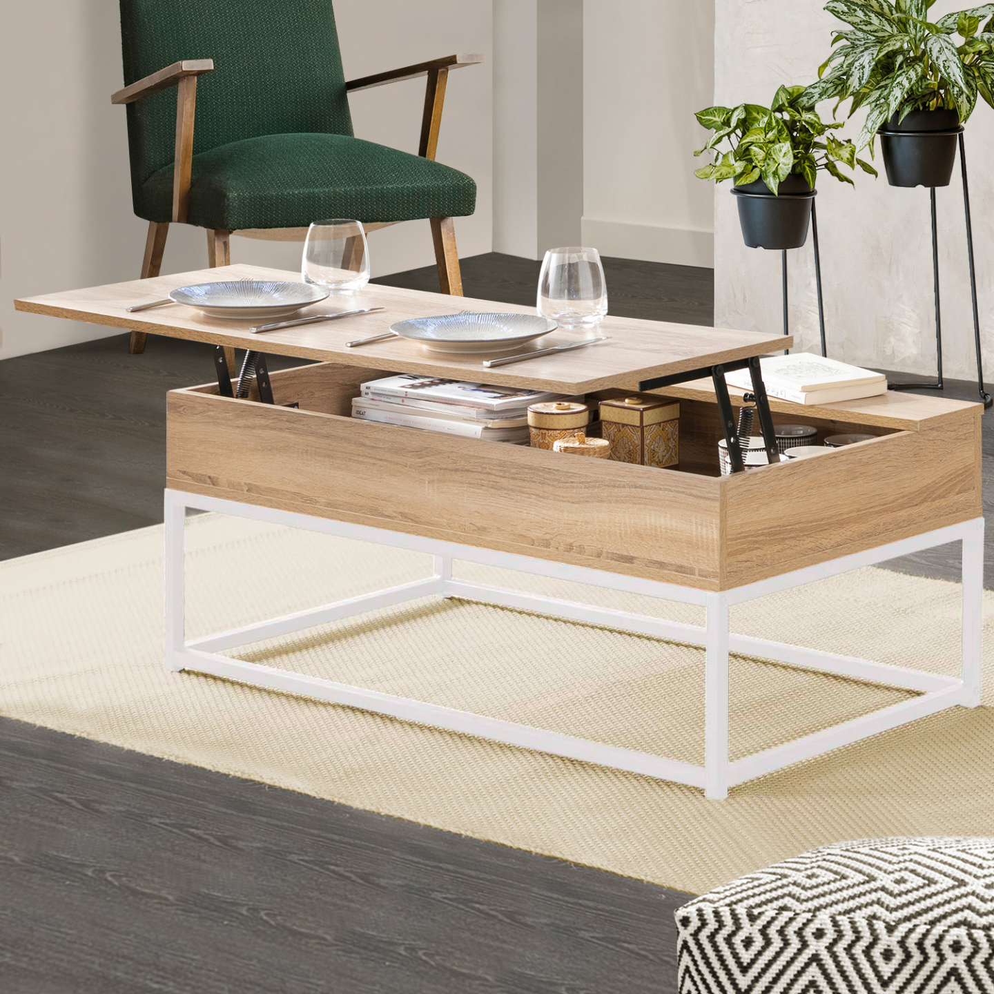 IDMarket - Tavolino DETROIT de design industriale legno e metallo bianco