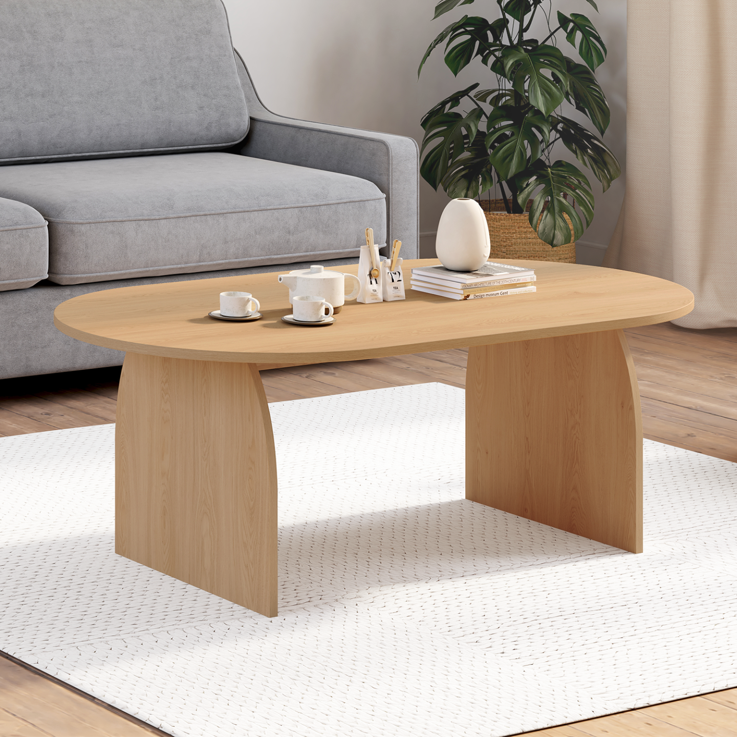 IDMarket - Tavolino japandi ovale EDITH 110 cm in legno effetto faggio