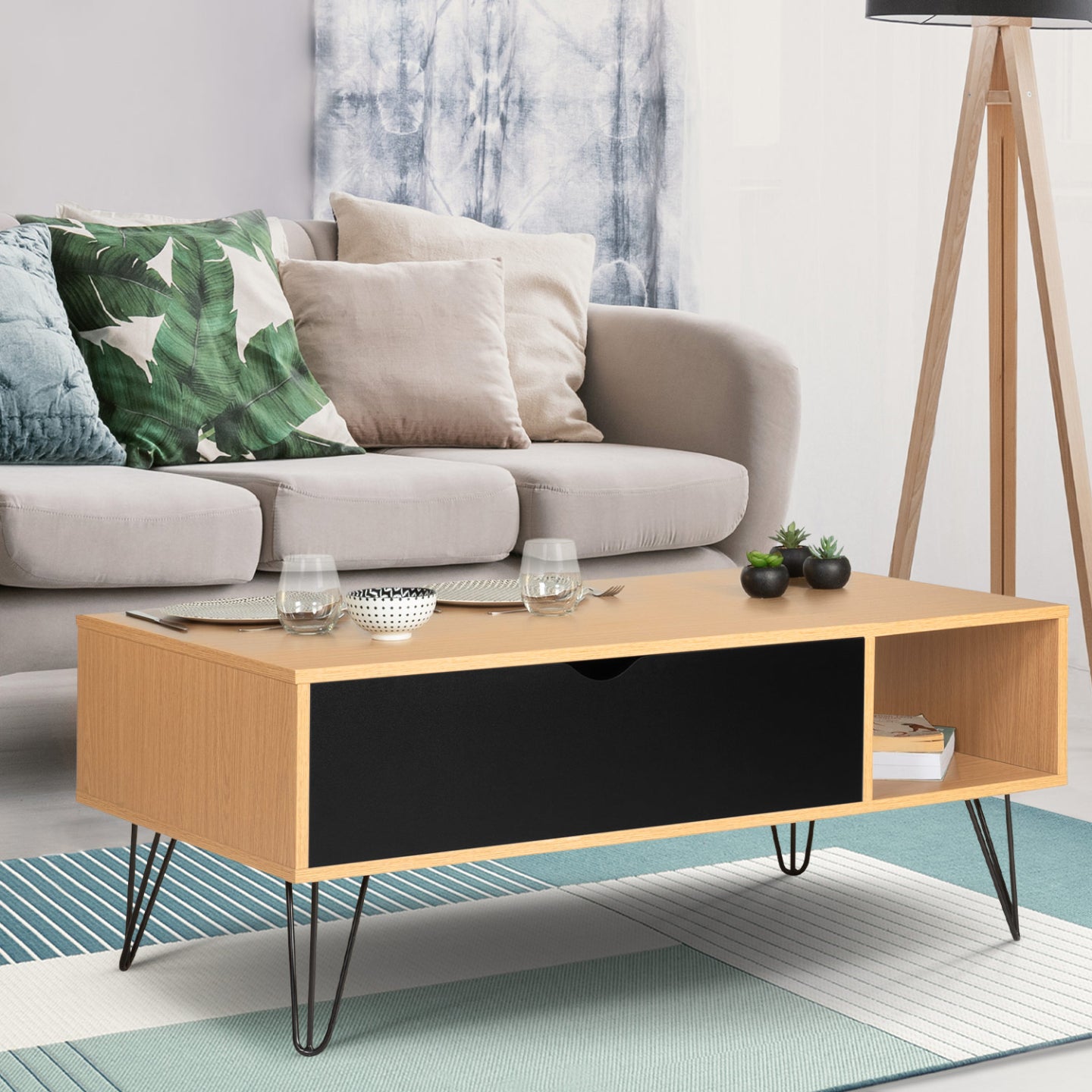 IDMarket - Tavolino NOEMI con piano sollevabile, legno, gamba a perno