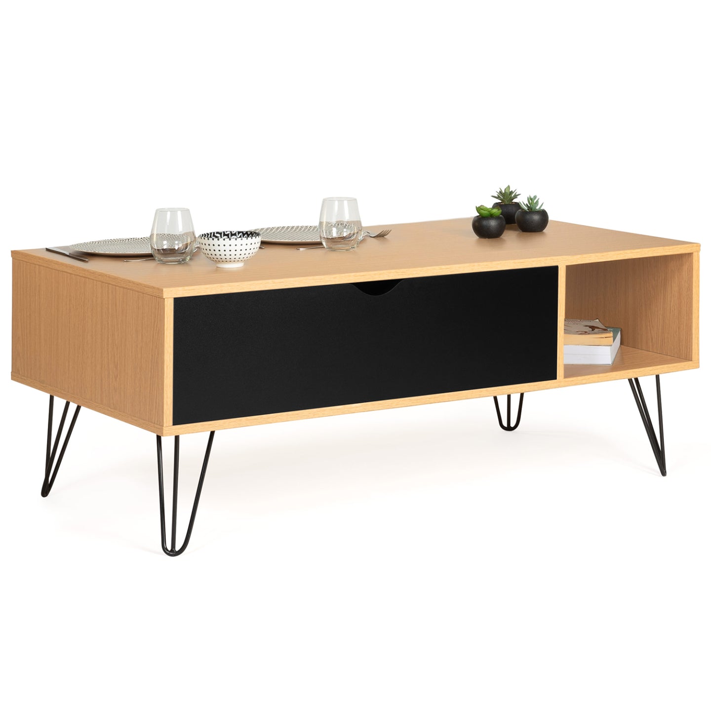 IDMarket - Tavolino NOEMI con piano sollevabile, legno, gamba a perno