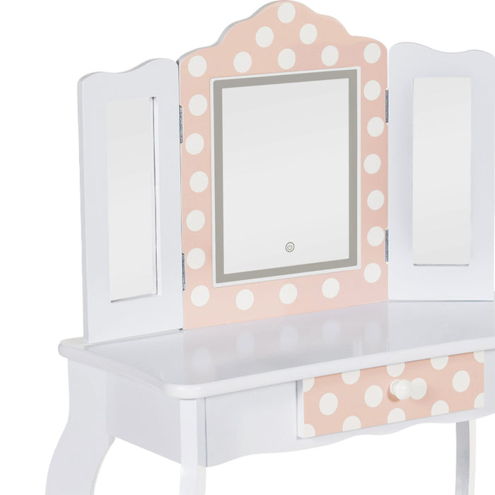 IDMarket - Tavolino per bambini a LED bianco e rosa ROZA con 3 specchi e sgabello