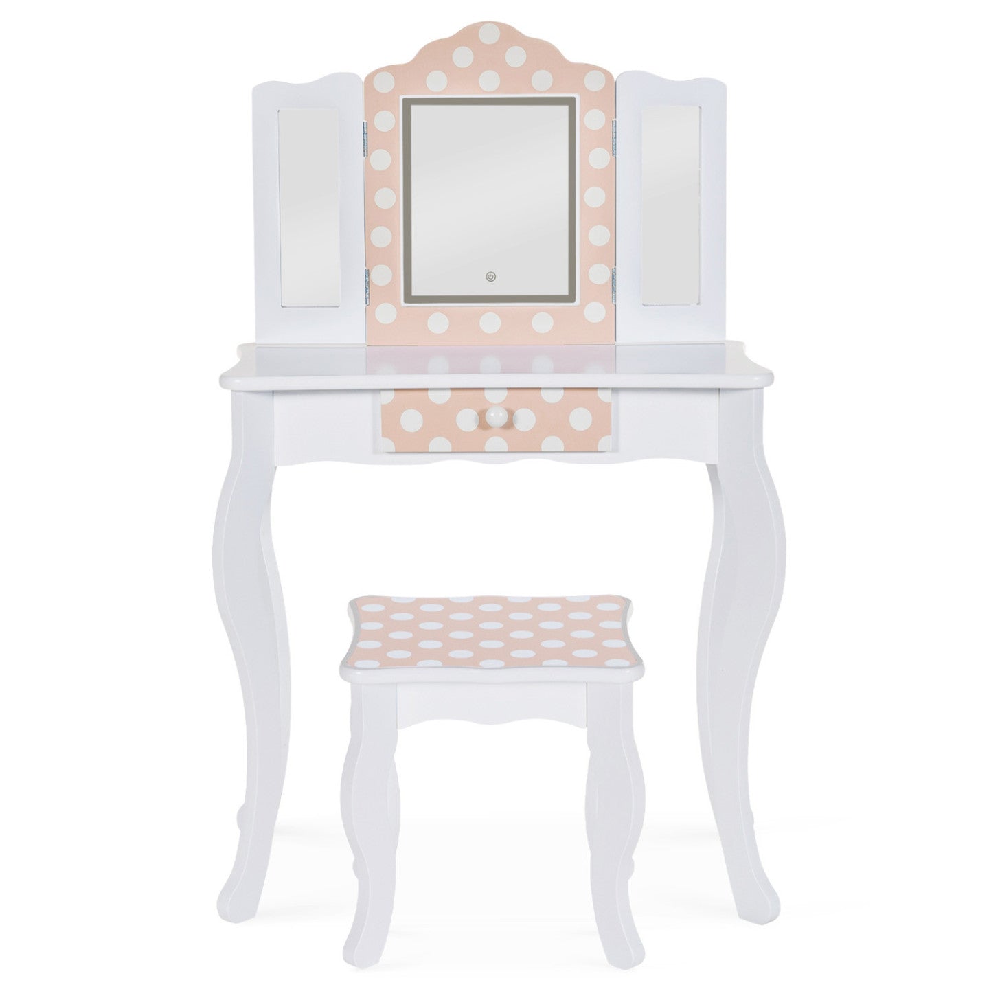 IDMarket - Tavolino per bambini a LED bianco e rosa ROZA con 3 specchi e sgabello