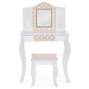 IDMarket - Tavolino per bambini a LED bianco e rosa ROZA con 3 specchi e sgabello
