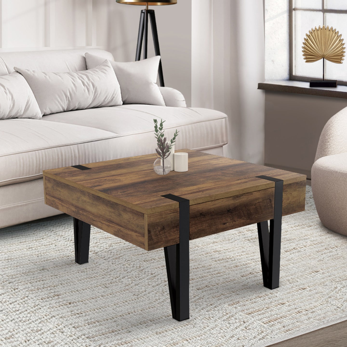 IDMarket - Tavolino quadrato AUSTRIA con 1 cassetto in legno e base a perno