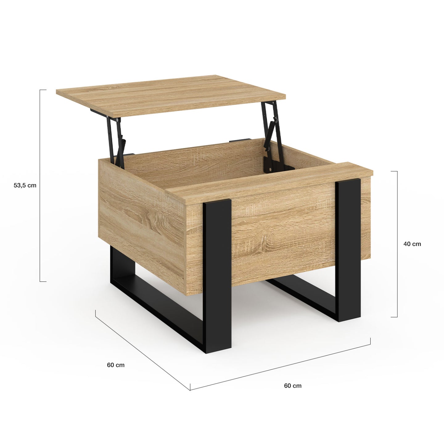 IDMarket - Tavolino quadrato PHOENIX in legno e nero con piano sollevabile 70 cm