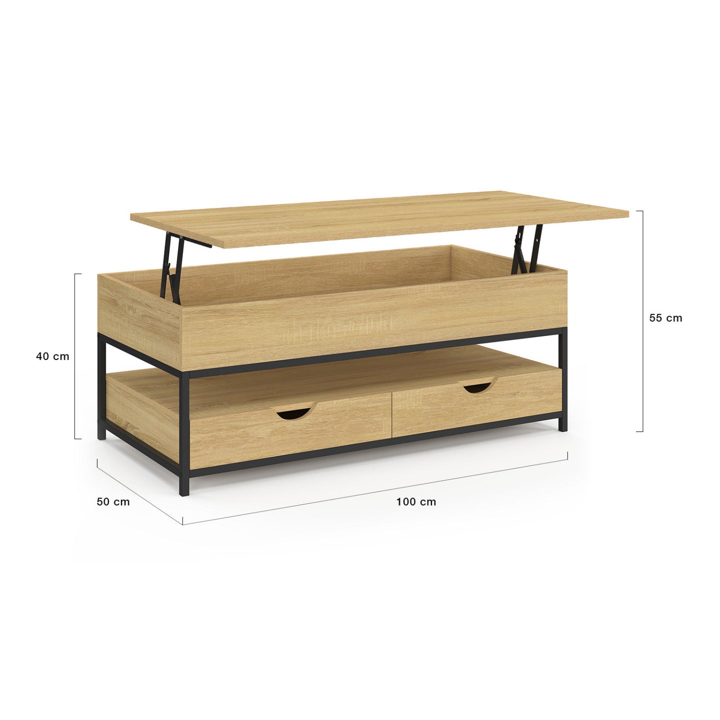 IDMarket - Tavolino rettangolare alzabile DETROIT con 2 cassetti dal design industriale