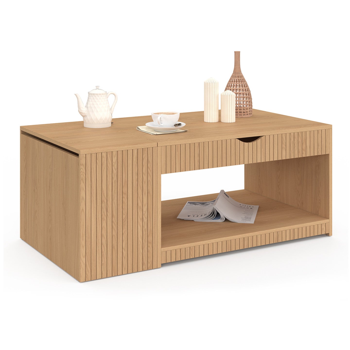 IDMarket - Tavolino rettangolare alzabile JULIETTE con cassa in legno a doghe color rovere