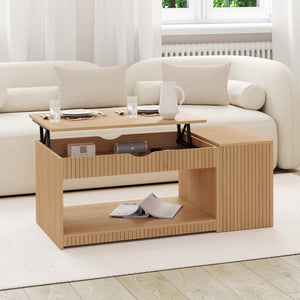 IDMarket - Tavolino rettangolare alzabile JULIETTE con cassa in legno a doghe color rovere