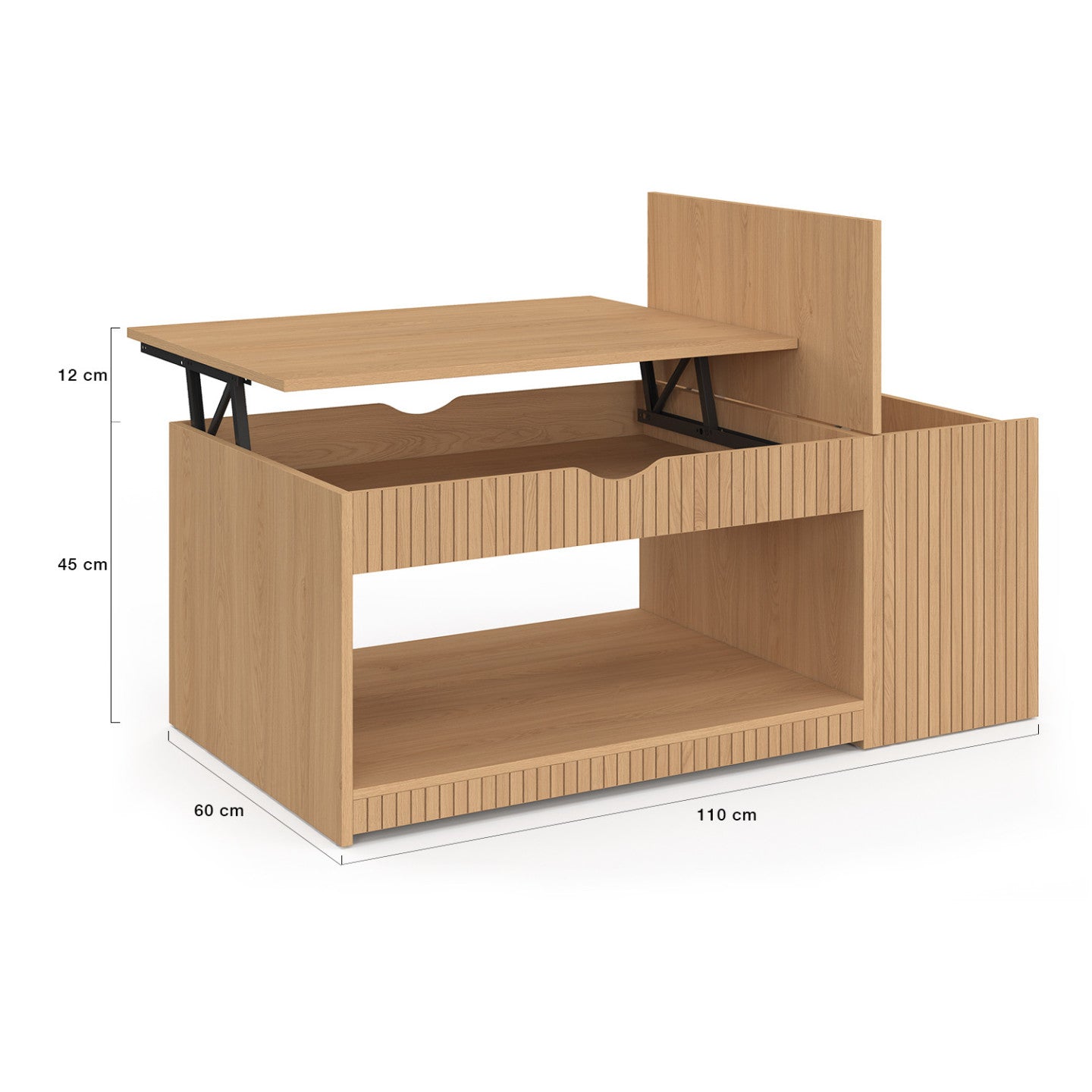 IDMarket - Tavolino rettangolare alzabile JULIETTE con cassa in legno a doghe color rovere