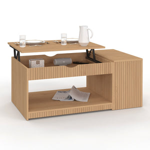 IDMarket - Tavolino rettangolare alzabile JULIETTE con cassa in legno a doghe color rovere
