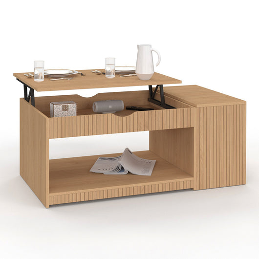 IDMarket - Tavolino rettangolare alzabile JULIETTE con cassa in legno a doghe color rovere