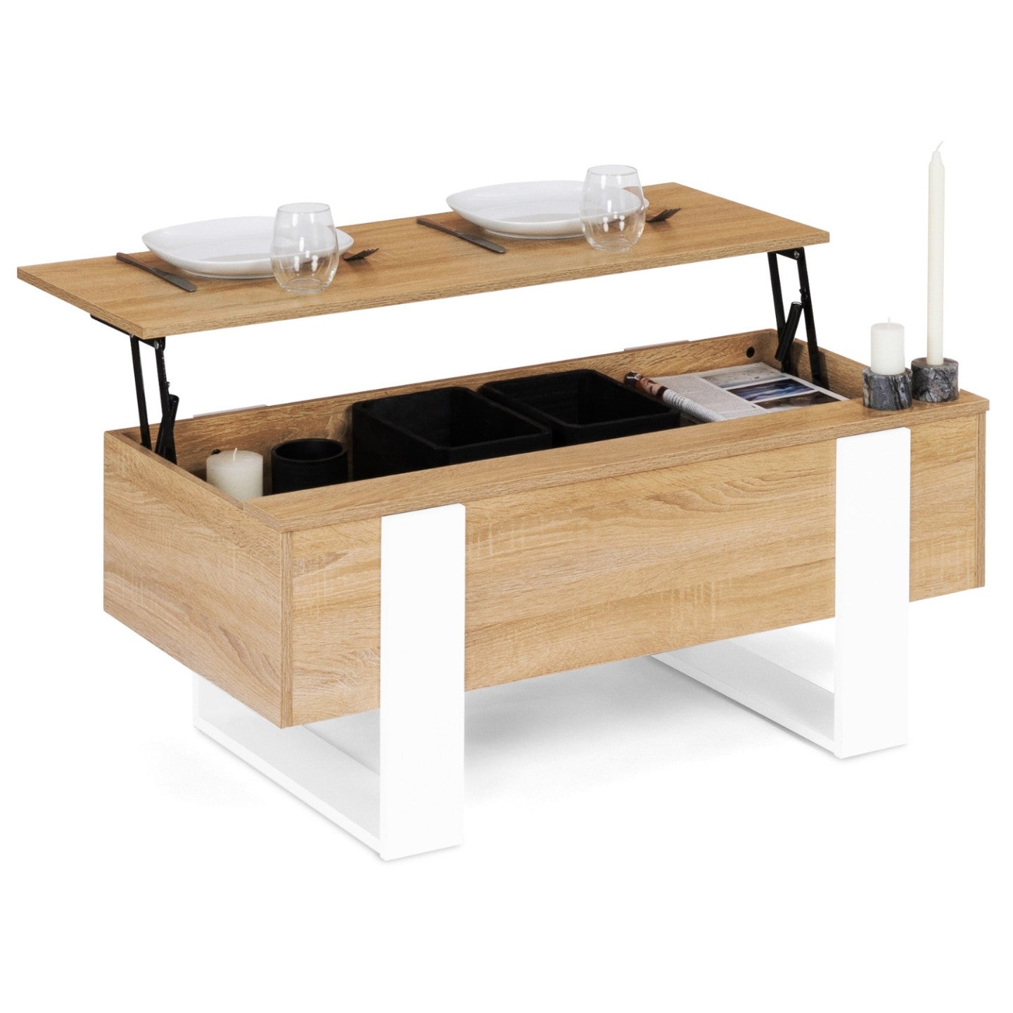 IDMarket - Tavolino rettangolare alzabile PHOENIX in legno e bianco