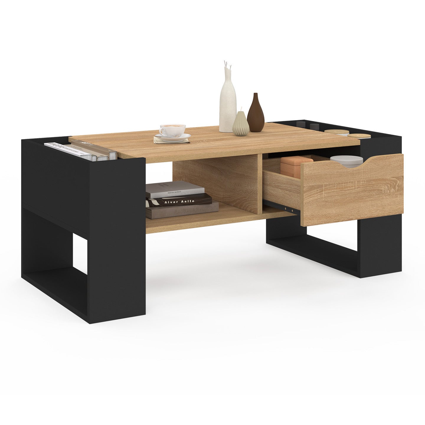 IDMarket - Tavolino rettangolare BERYL con cassetto in legno nero ed effetto faggio