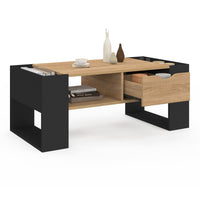 IDMarket - Tavolino rettangolare BERYL con cassetto in legno nero ed effetto faggio