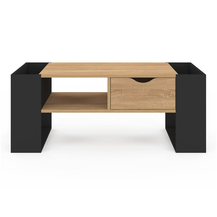 IDMarket - Tavolino rettangolare BERYL con cassetto in legno nero ed effetto faggio