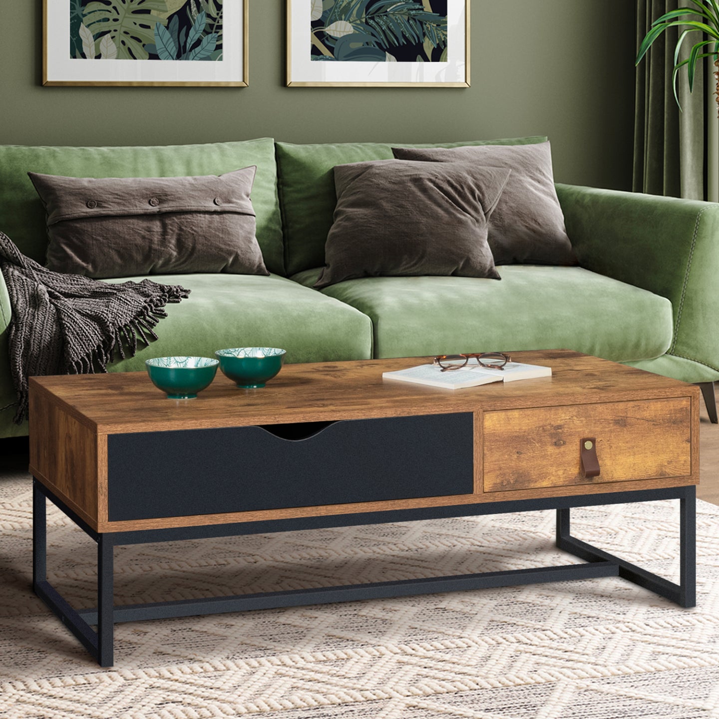 IDMarket - Tavolino rettangolare CHICAGO, 2 cassetti, design industriale