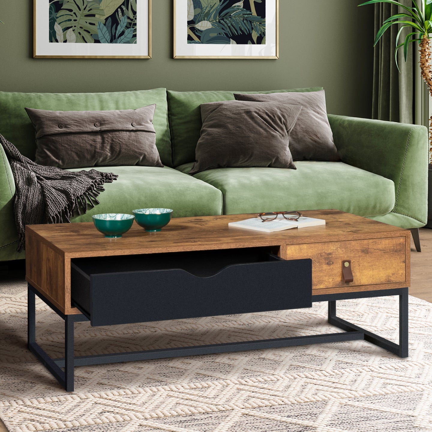 IDMarket - Tavolino rettangolare CHICAGO, 2 cassetti, design industriale