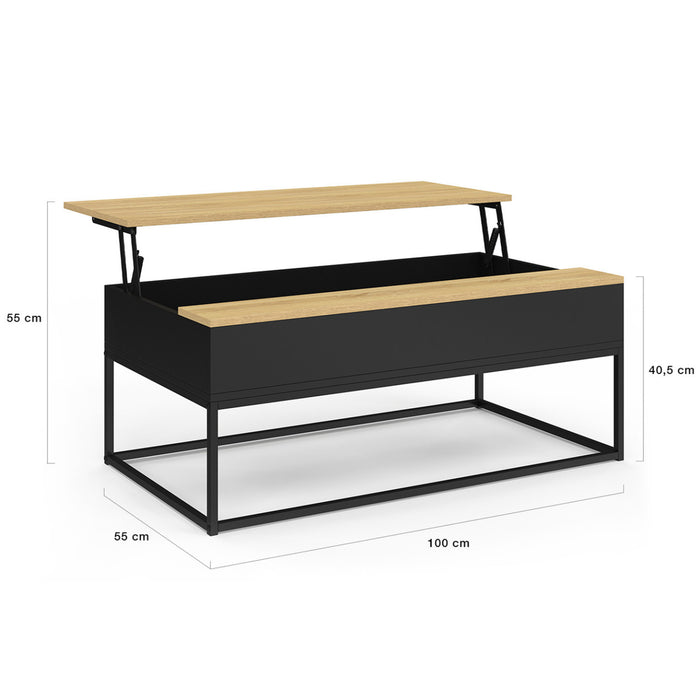IDMarket - Tavolino rettangolare con piano sollevabile BOSTON 100 cm nero design industriale piano in legno