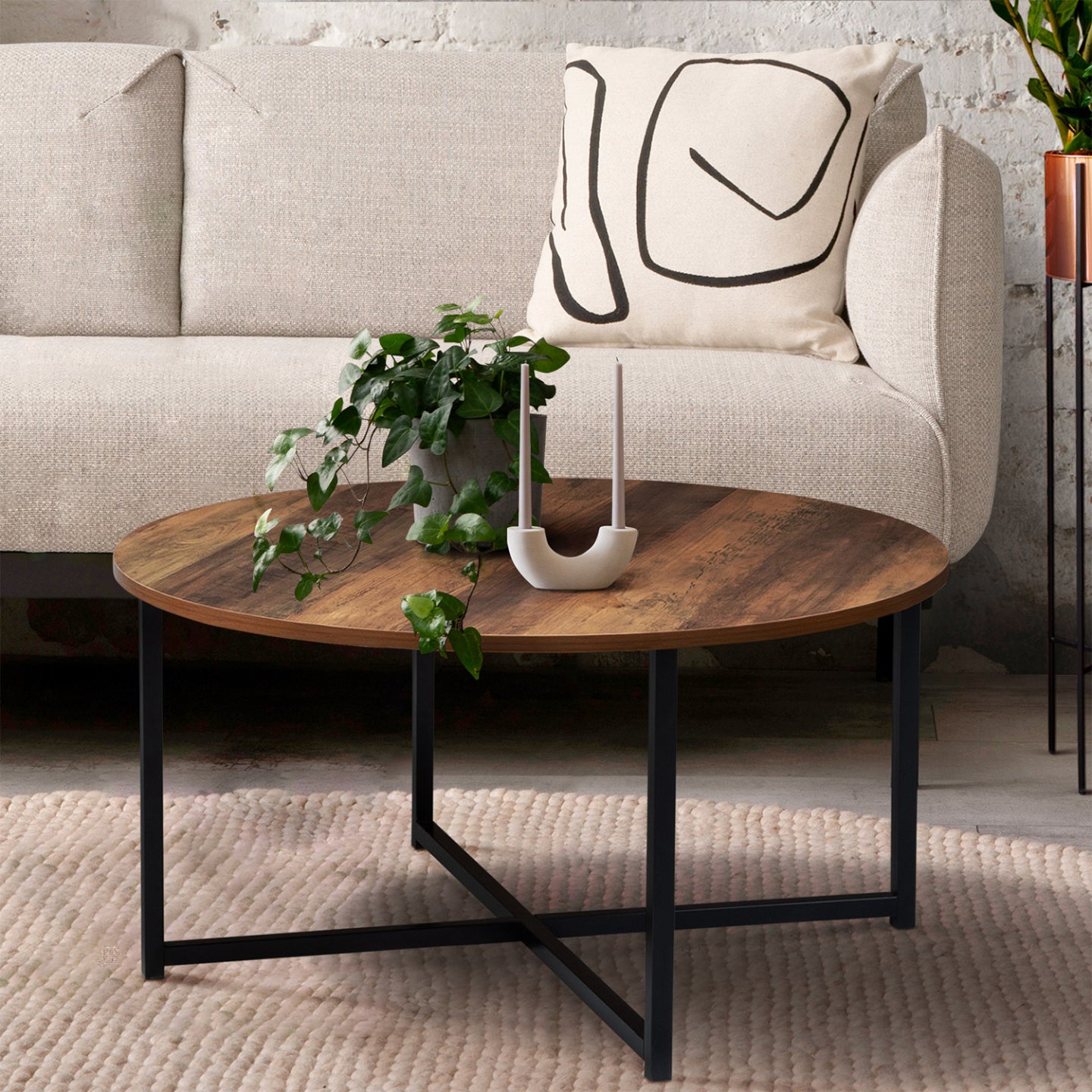 IDMarket - Tavolino rotondo 80 cm effetto invecchiato con design industriale HAWKINS