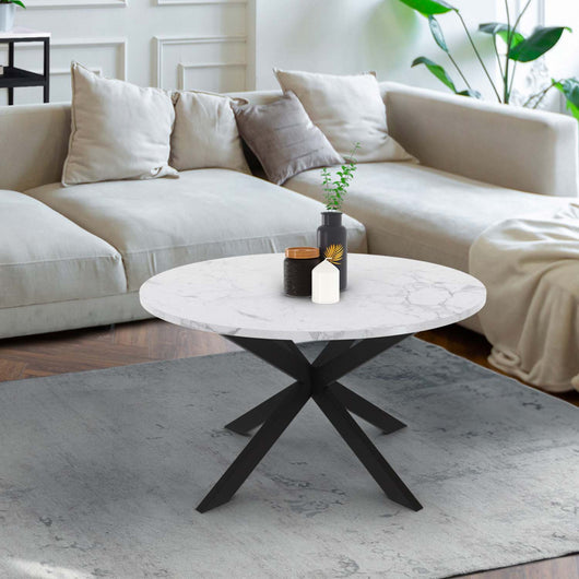 IDMarket - Tavolino rotondo ALASKA da 70 cm con piano in marmo bianco e gamba a ragno in metallo nero