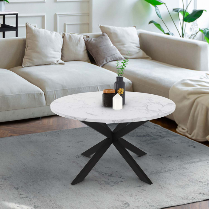 IDMarket - Tavolino rotondo ALASKA da 70 cm con piano in marmo bianco e gamba a ragno in metallo nero