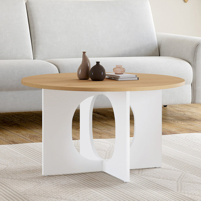 IDMarket - Tavolino rotondo ALOISE con gamba ad arco in legno e bianco 70 cm
