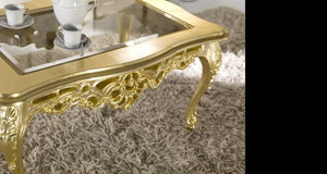 Mobili2g - tavolino barocco in foglia oro brillante con piano in vetro  misura  :l. 84 x h. 44 x p. 57