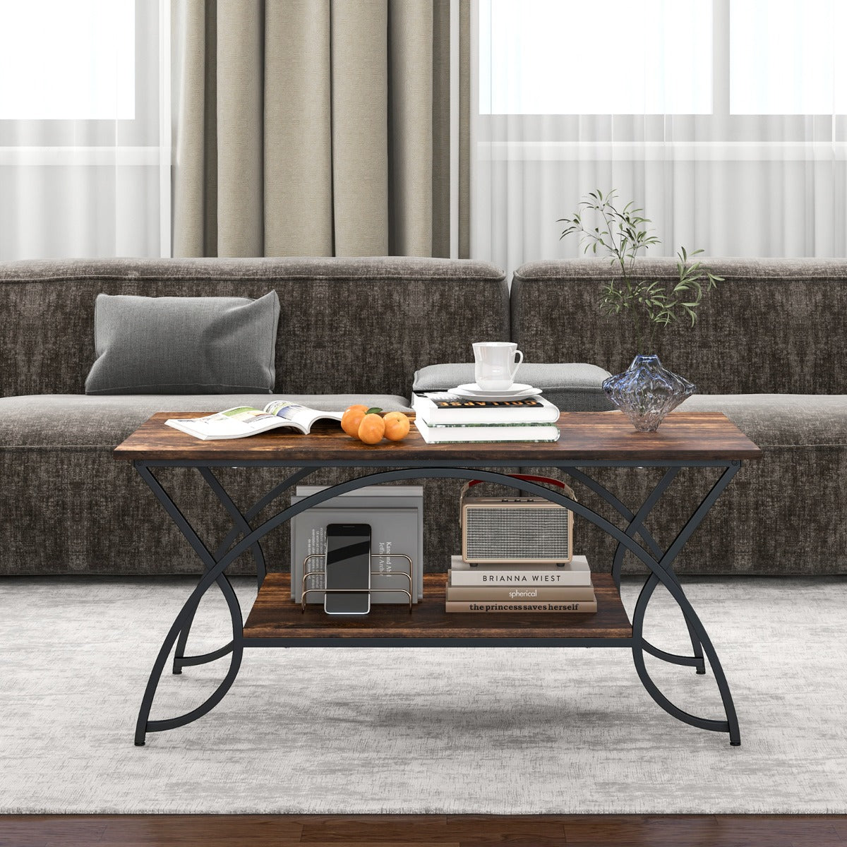 Tavolino a 2 livelli da caff¨¨ moderno in finto marmo con struttura in metallo, Tavolino rettangolare Marrone-Tavolini da salotto