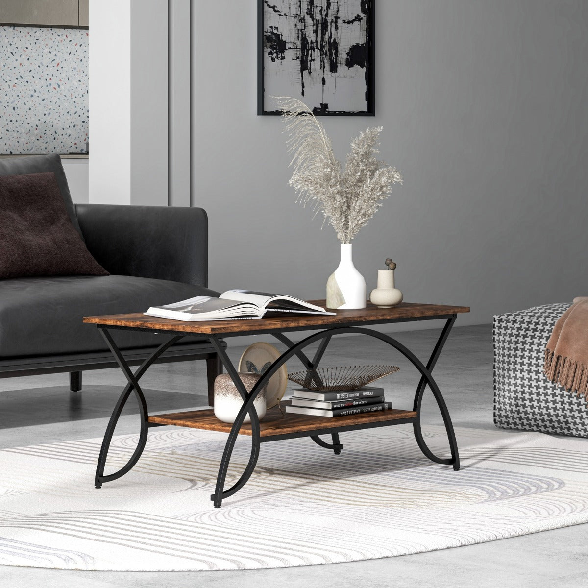 Tavolino a 2 livelli da caff¨¨ moderno in finto marmo con struttura in metallo, Tavolino rettangolare Marrone-Tavolini da salotto