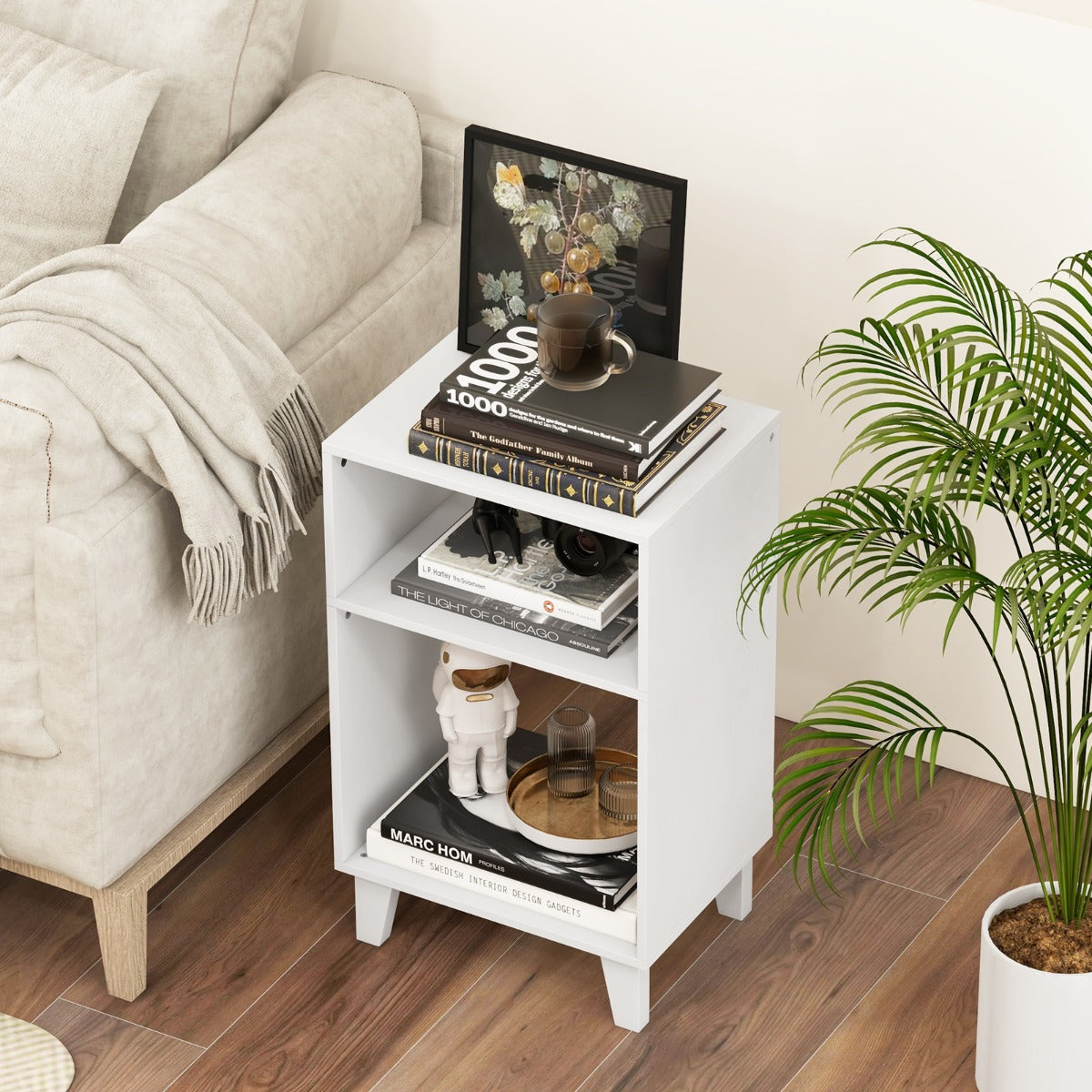 Tavolino a 3 livelli con ripiani gambe e struttura stabile-Tavolino comodino multiuso per camera da letto Bianco