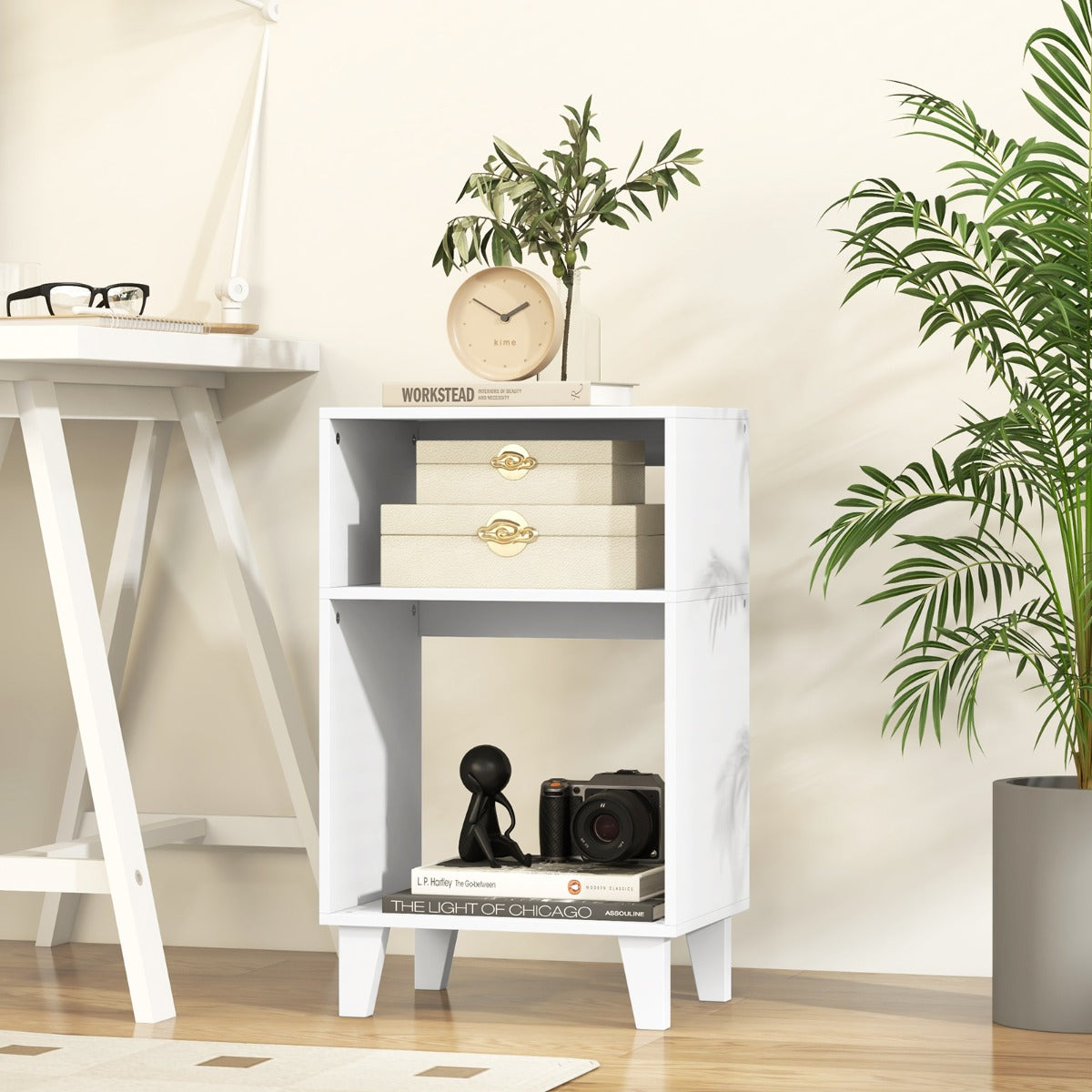 Tavolino a 3 livelli con ripiani gambe e struttura stabile-Tavolino comodino multiuso per camera da letto Bianco