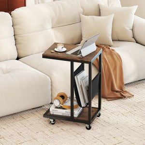 Tavolino da divano industriale a 3 livelli con tasca e struttura in metallo resistente-Tavolino a forma di C su ruote da letto Marrone