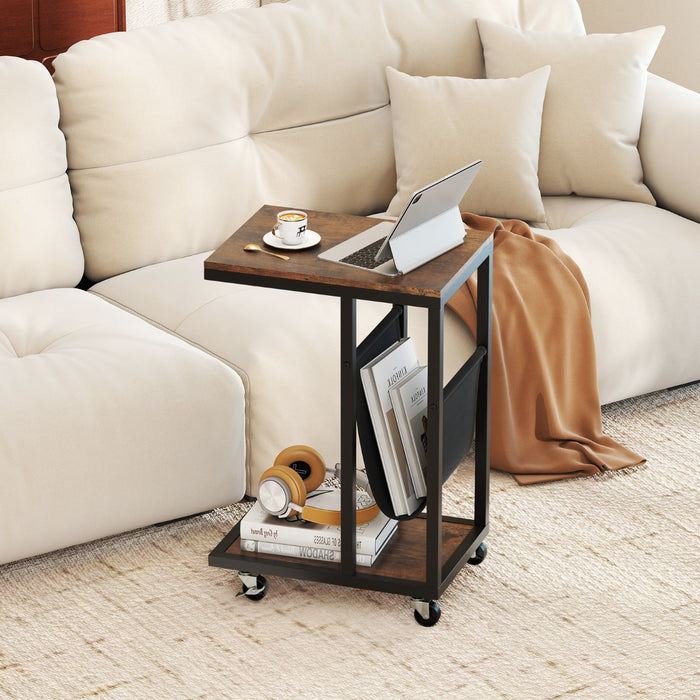 Tavolino da divano industriale a 3 livelli con tasca e struttura in metallo resistente-Tavolino a forma di C su ruote da letto Marrone