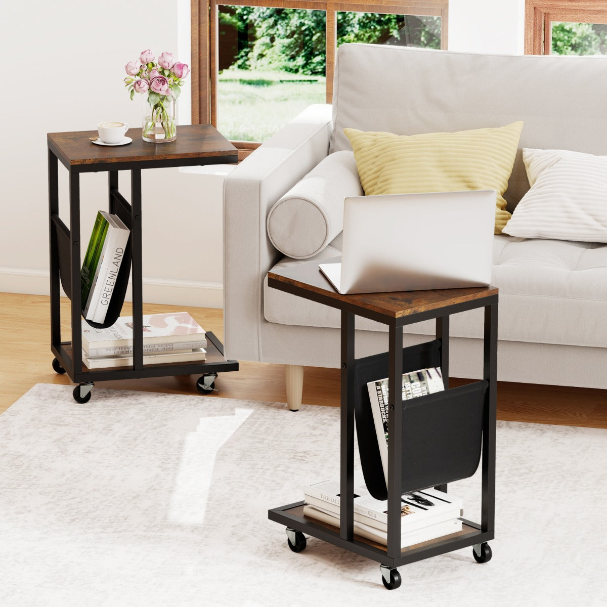 Tavolino da divano industriale a 3 livelli con tasca e struttura in metallo resistente-Tavolino a forma di C su ruote da letto Marrone