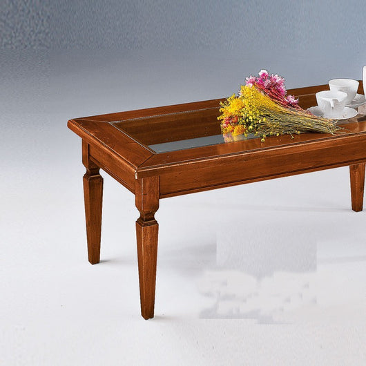 Tavolino in legno massello con piano in vetro tinta noce misura l.120 p.60 h.47