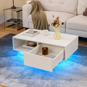 Tavolino centrale moderno ad alta lucentezza con scomparto aperto e cassetto, Tavolino basso con luci e telecomando Bianco-Tavolini da salotto