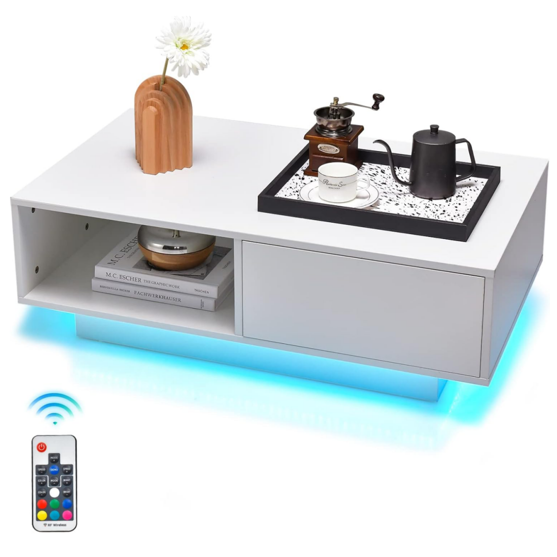 Tavolino centrale moderno ad alta lucentezza con scomparto aperto e cassetto, Tavolino basso con luci e telecomando Bianco-Tavolini da salotto