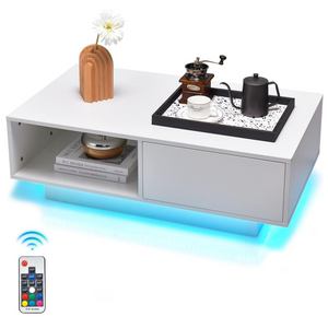 Tavolino centrale moderno ad alta lucentezza con scomparto aperto e cassetto, Tavolino basso con luci e telecomando Bianco-Tavolini da salotto