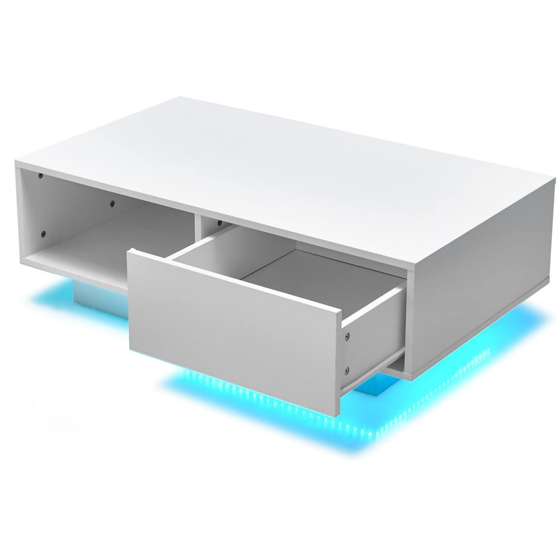 Tavolino centrale moderno ad alta lucentezza con scomparto aperto e cassetto, Tavolino basso con luci e telecomando Bianco-Tavolini da salotto