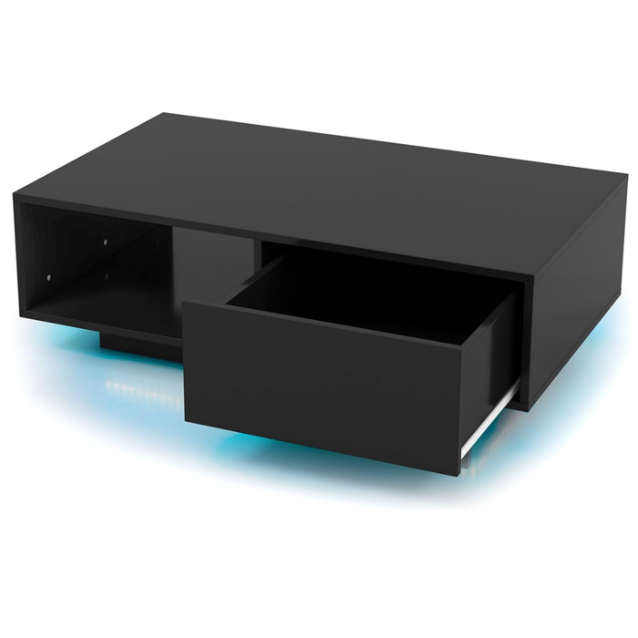 Tavolino centrale moderno ad alta lucentezza con scomparto aperto e cassetto, Tavolino basso con luci e telecomando Nero-Tavolini da salotto