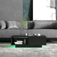 Tavolino centrale moderno ad alta lucentezza con scomparto aperto e cassetto, Tavolino basso con luci e telecomando Nero-Tavolini da salotto