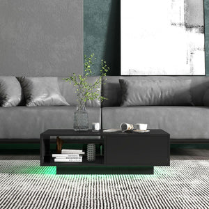 Tavolino centrale moderno ad alta lucentezza con scomparto aperto e cassetto, Tavolino basso con luci e telecomando Nero-Tavolini da salotto