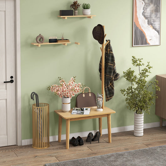 Tavolino con appendiabiti in legno massiccio, Appendiabiti con panca per scarpe 3 ganci per cappelli 168cm Naturale-Appendiabiti