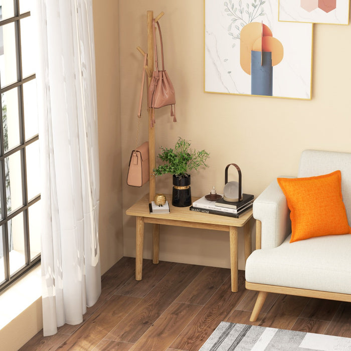 Tavolino con appendiabiti in legno massiccio, Appendiabiti con panca per scarpe 3 ganci per cappelli 168cm Naturale-Appendiabiti