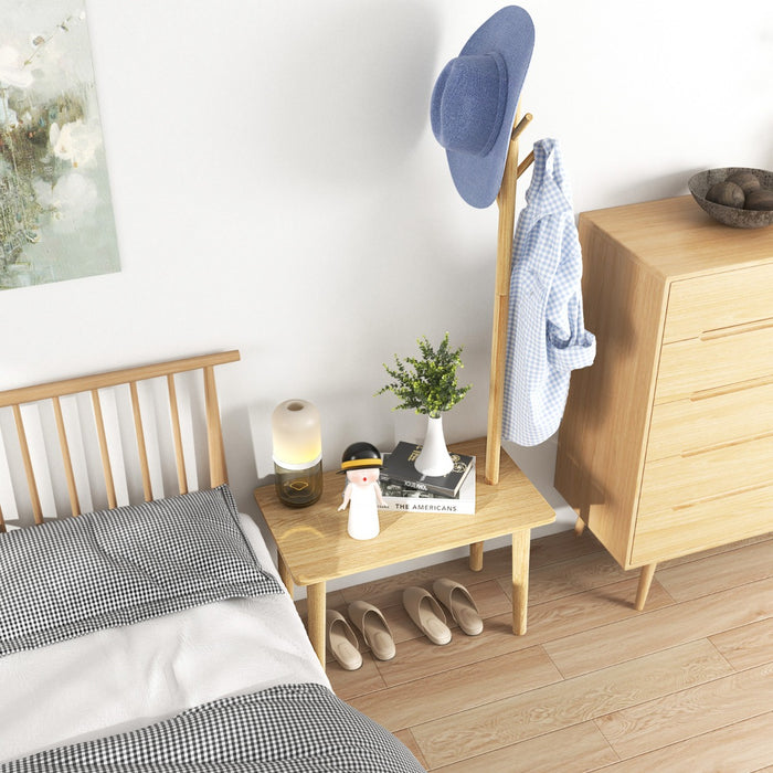 Tavolino con appendiabiti in legno massiccio, Appendiabiti con panca per scarpe 3 ganci per cappelli 168cm Naturale-Appendiabiti