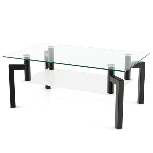 Tavolino d¡¯accento moderno a 2 livelli e piano in vetro temperato, Tavolino da caff¨¨ rettangolare in vetro Nero-Tavolini da salotto