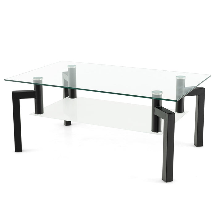 Tavolino d¡¯accento moderno a 2 livelli e piano in vetro temperato, Tavolino da caff¨¨ rettangolare in vetro Nero-Tavolini da salotto